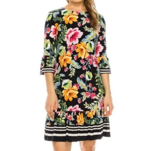 NEW NWT ELIZA J Navy Blue Pink Orange Floral Jersey Stretch Ruffle Shift Dress 8 - Picture 1 of 9